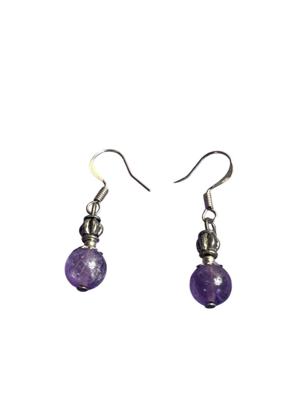 Round Purple Amethyst Bead Earrings 3/4 Inch Long Silvertone Hooks